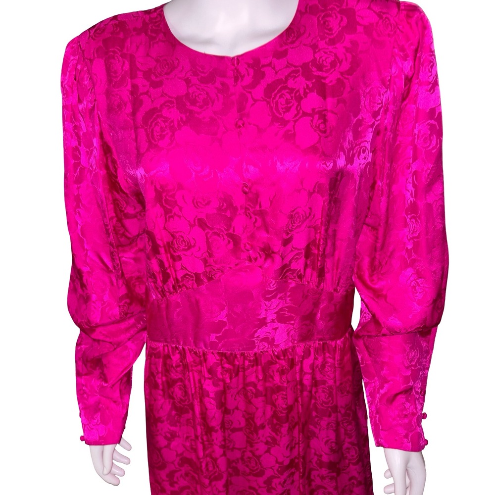 Vintage Neiman Marcus Pink 100% Silk Floral Rose Midi Dress Size 16